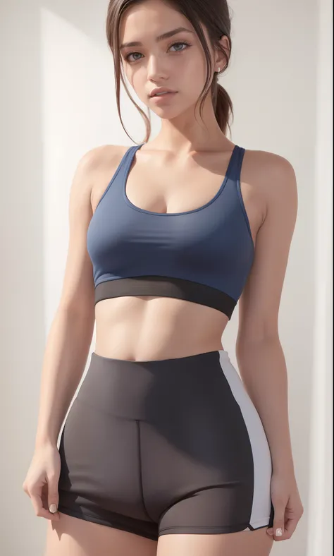 A closeup of a gorgeous woman in a sports bra top and shorts, sport bra and shorts, Esporte bom, roupas esportivas fofas, bra and shorts streetwear, foto fit, Bralette, physical : tinyest midriff ever, forma tonificada, sports bra, Encaixe figura delicada,...