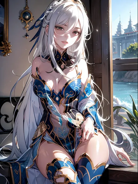 （Enrich the picture，Masterpiece level quality）Beautiful 8K CG artwork，Goddess-like posture，sittinng on the river，Postural exercises，Slim and soft，Translucent skin，Silver hair、The beauty of extra-long hair, Super Long Straight Hair，The skin is fair and juic...