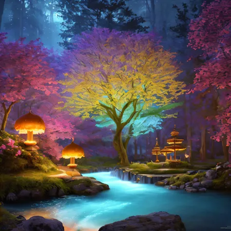 masterpiece, best quality, high quality,extremely detailed CG unity 8k wallpaper, An enchanting and dreamy scene of a fantasy forest, with towering trees, glowing mushrooms, and hidden fairy glens, creating a sense of mystique and enchantment, artstation, ...