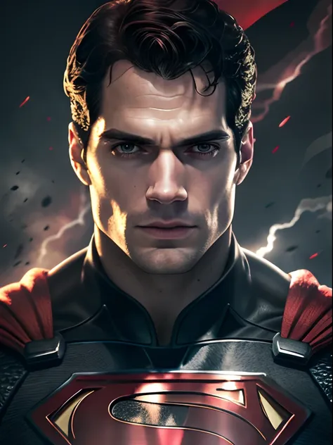 henry cavill as superman, 40s year old, all black and red details suit, red cape, hair tension, covering the forehead, short-cut...