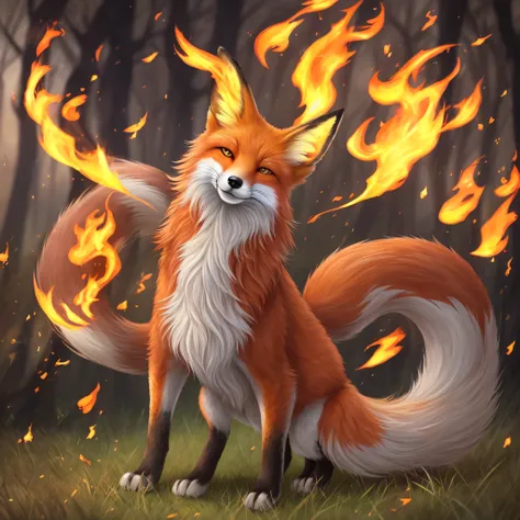 a close up of a cartoon fox with long hair on a field, fire type, nine tails, fox nobushi, three - tailed fox, ninetales, very very beautiful furry art, kitsune three - tailed fox, kitsune, fire!! full body, fursona art, ethereal fox, flame in the fur, fir...