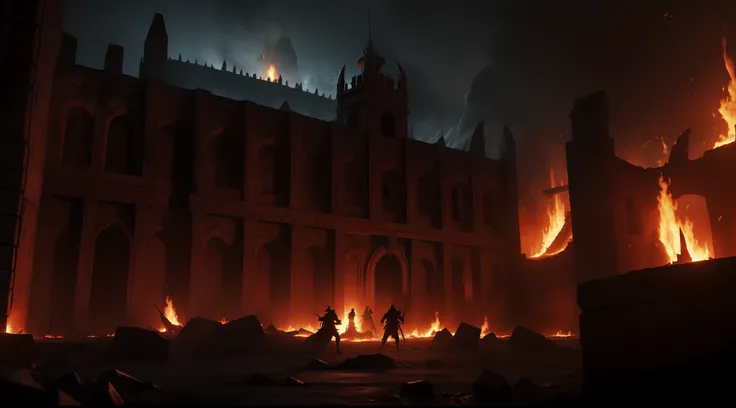 hell prison, high fantasy style, medieval dungeon, attacking fiends, hunting demons, fire and magma everywhere