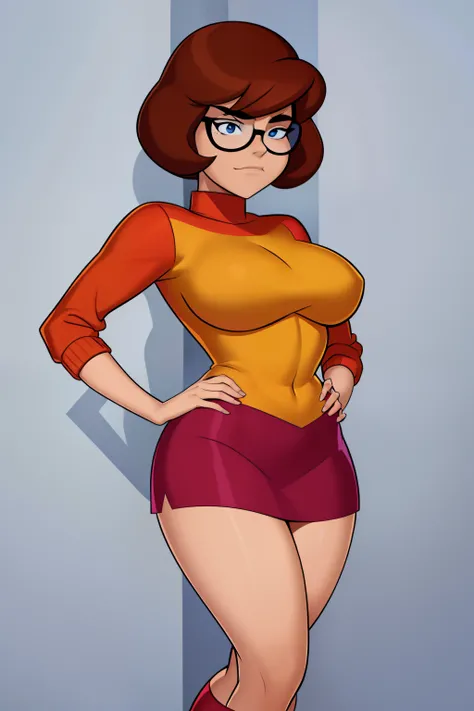 (masterpiece, best quality:1.2), something unlimited, 1girl, solo, a cartoon of a woman in a yellow sweater and red skirt, velma (Scooby-doo show), velma dinkley, female protagonist,  glasses, breasts, european, brown hair, short hair, a cartoon character ...