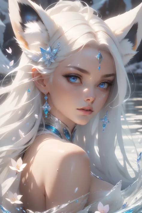 masterpiece, best quality, official art, extremely detailed cg 8k wallpaper, (flying petals) (detailed ice) , crystals texture skin, cold expression, ((fox ears)), white hair, long hair, messy hair, blue eye, looking at viewer, extremely delicate and beaut...