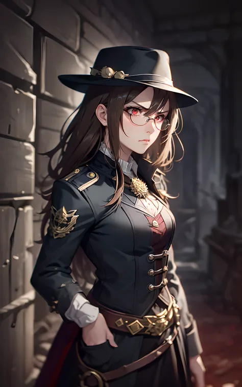 (portrait:1.3),(/(darkest dungeon/) style:0.5),fantasy, dnd, (1girl, shy, angry, tired), skinny, thin, vampire, kingsglaive garb, (detective outfit, detective hat:1.3),(ashy brown hair, red eyes), victorian outfit,glasses, ((dark crypt background)), white ...