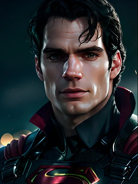 henry cavill as superman, 40s year old, all black and red details suit, red cape, hair tension, covering the forehead, short-cut...