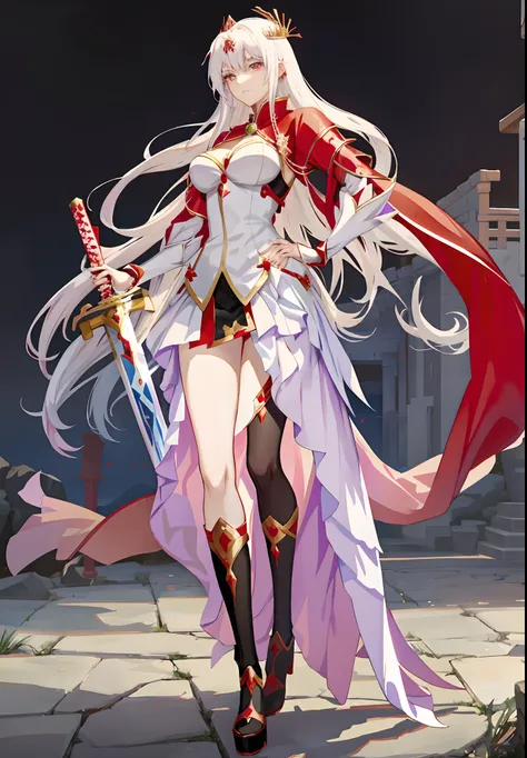 Anime character with white hair and a red cape holding a long sword, Kushatt Krenz Key Art Women, ((a beautiful fantasy empress)), as a mystical valkyrie, Anime goddess, full - body majestic angel， Pretty Women with Perfect Figure, (,Big breasts)tight tshi...