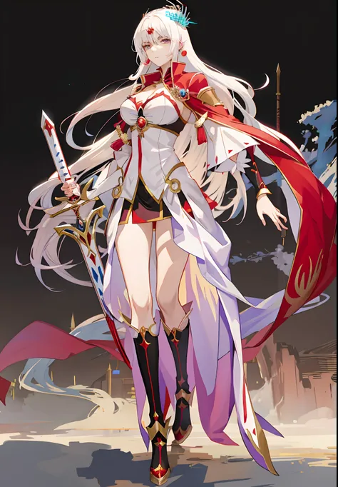 Anime character with white hair and a red cape holding a long sword, Kushatt Krenz Key Art Women, ((a beautiful fantasy empress)), as a mystical valkyrie, Anime goddess, full - body majestic angel， Pretty Women with Perfect Figure, (,Big breasts)tight tshi...