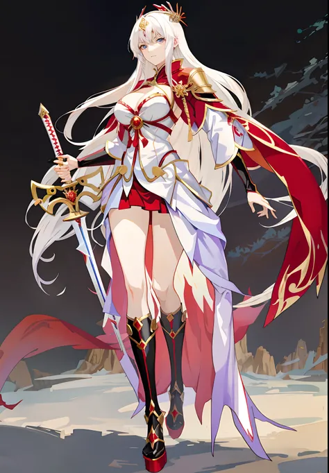 Anime character with white hair and a red cape holding a long sword, Kushatt Krenz Key Art Women, ((a beautiful fantasy empress)), as a mystical valkyrie, Anime goddess, full - body majestic angel， Pretty Women with Perfect Figure, (,Big breasts)tight tshi...