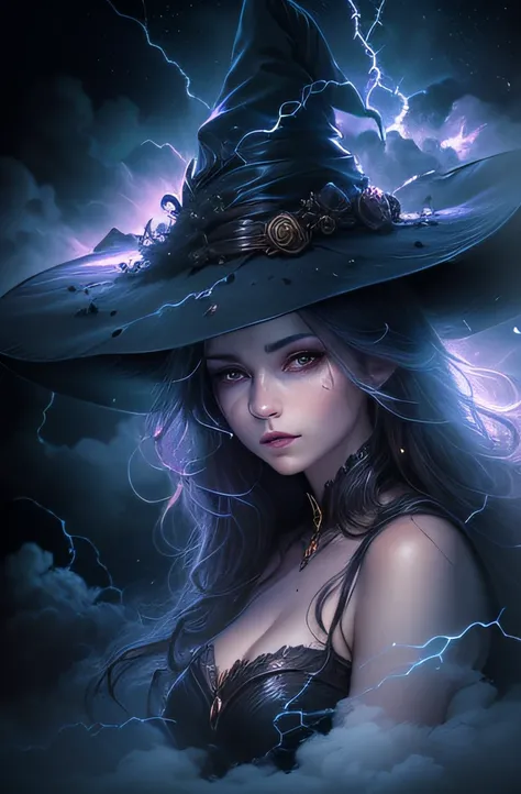 ((best quality)), ((masterpiece)), (detailed), witch wearing witch hat, ethereal beauty, (magic mysterious background, lightning, glowing particles, ethereal fog, faint darkness), (fantasy illustration:1.3), enchanting gaze, captivating pose, (Luis Royo:1....