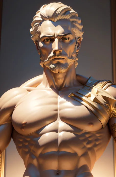 Create a statue of a Greek man in hyper-realistic style, precise anatomical and muscular details, dignified and noble facial expression, carved marble texture visible under soft light, fundo neutro que ressalta a escultura como uma obra-prima da antiguidad...