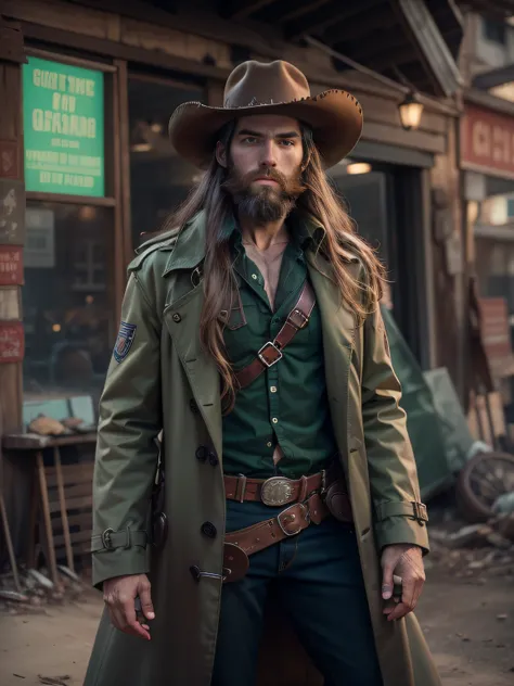 create a futuristic cowboy with long brown hair and brown bushy beard. He is wearing a cowboy hat, long black trench coat, green shirt with suspenders. shot with Sony A7s iii, post apocalyptic western town