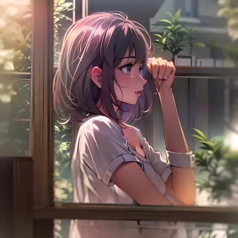 Anime girl looking out the window with her hand on top of her arm, anime. soft lighting, capa de anime, cara de anime bonita, anime fotorrealista, Anime detalhado soft face, Makoto Shinkai. High detail, perfil de menina anime, visual anime de uma menina bo...