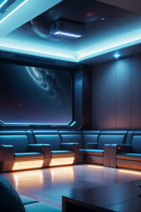 Melhor qualidade, fotorrealista, 4k, best resolution, sala de estar de uma nave espacial, Futuristic theme, with futuristic sofas, mesas modernas, cadeiras e poofs de descanso. Sala de estar sci-fi, Technological, leds, nice colors, star wars, sala de esta...