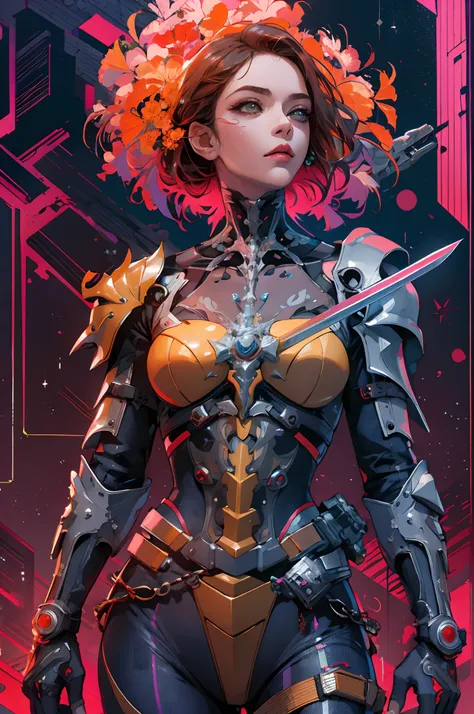 Princesa bonita, cyberpunk, vestida com armadura, Medium sized sword wielding, cabelo laranja curto, hiper realista, rosto bem detalhado, cores vivas, dramatic colors, vaporwave, retrowave, colorido, artódromo, extremamente detalhado, 80000k