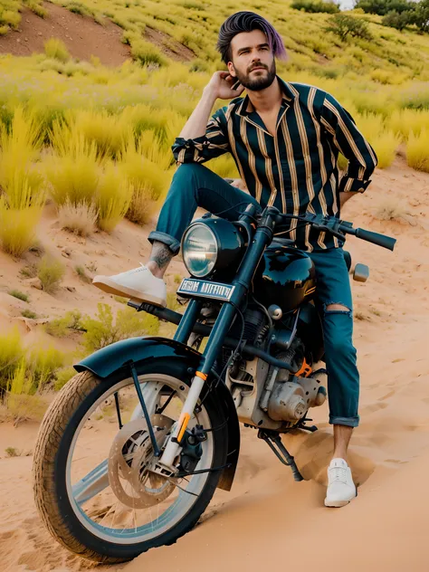 cinematic still shot, 1 man,  tshirt, punk hair style, yellow jacket, cyberpunk, moon surface, sand storm,  midnight, neon light...