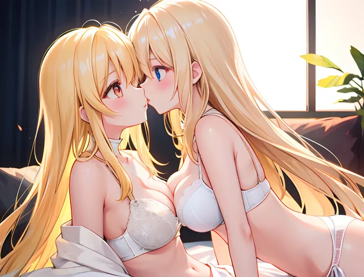 2girls，Golden hair，long whitr hair，mediuml breasts，Wear only a bra，Breast collision，Light panties，Kiss