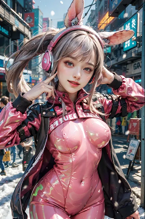 (RAW photo, best quality, masterpiece:1.2), (realistic, photo-realistic:1.4),(masterpiece:1.4),(best quality:1.4),1girl, solo, :d, animal ear headphones, animal ears, arms up, bangs, blush, bodysuit, breasts, bunny pose, clothes writing, covered navel, cow...