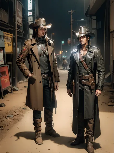 there is a man in a hat and trench coat holding , in a post apocalyptic setting, cyberpunk wild west, post - apocalyptic cowboy, post apocalyptic explorer, post apocalyptic style, cyberpunk style outfit, post apocalyptic, cinematic full body shot, post apo...