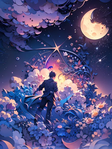 (((masterpiece))),best quality, illustration,  sky, cloud, star (symbol),1man, handsome man, night, moon, star (sky), night sky, starry sky, vibrant color scheme, Soft light,(warm color:1.2),Water color painting, light background, best quality exquisite de...