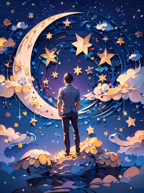 (((masterpiece))),best quality, illustration,  sky, cloud, star (symbol),1man, handsome man, night, moon, star (sky), night sky, starry sky, vibrant color scheme, Soft light,(warm color:1.2),Water color painting, light background, best quality exquisite de...