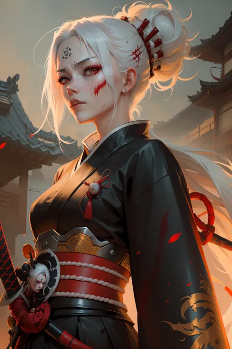 (blood in face), (white hair) ,uma mulher em uma roupa de quimono segurando uma espada samurai, inspired by Kanō Sanraku, Arte no estilo de Guweiz, inspired by Kanō Hōgai, Demon Slayer rui fanart, estilo de arte demon slayer, artgerm detalhado, samurai cyb...