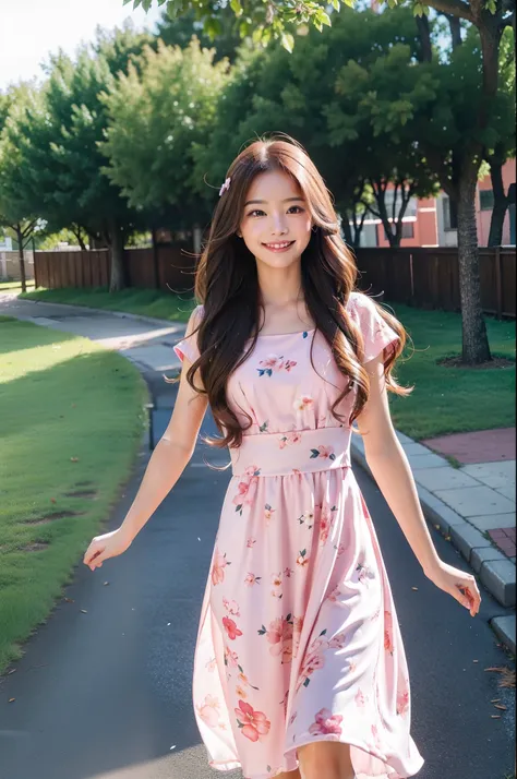 Beauty Long hair Pink bow Floral dress Looking into the distance The wind blows over smile