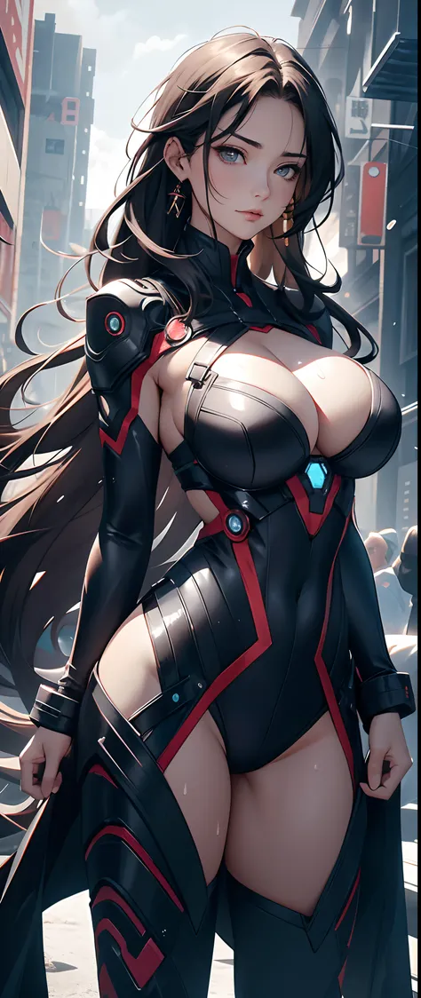 (真实感:1.4), （Full body like:1.1），1female，35yo，Huge breasts， 独奏， Wearing an Iron Man uniform，cyber punk perssonage， Pornographic exposure，Background with：space ship，  From the front side， Wet straight hair， Sweating profusely，mostly cloudy sky，（tmasterpiece）...