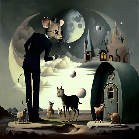 surrealism,Mice play golf with cats paws,Next to it, A dog with a kennel instead of a head howls at the moon in the form of a golf ball,