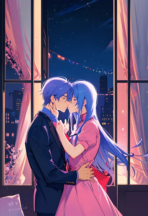 Anime couple kissing in front of window in city lights, Two anime handsome men, kissing together cutely, Yaoi, sakimichan and frank franzzeta, nick silva and ilya kuvshinov, official fan art, nixeu and sakimichan, frank franzzeta and sakimichan, Cute boys