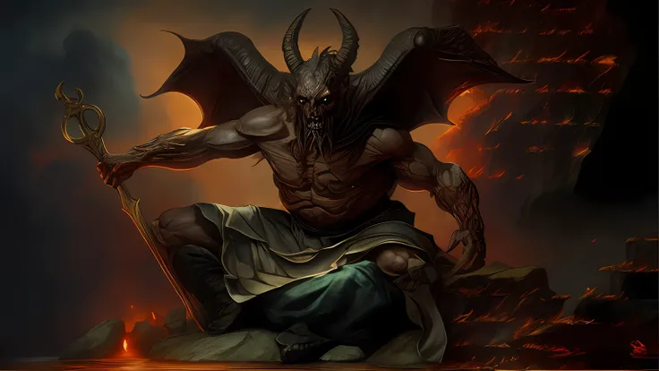 Image of a demon with a scythe sitting on a rock, satan in hell, muscled humanoid balrog demon, Demon Lord, arte conceitual diablo, oil canvas of lucifer, jeff easley cinematic, in style the seated demon, Satanismo, Diabo 4, fat ripped satan, fat ripped sa...