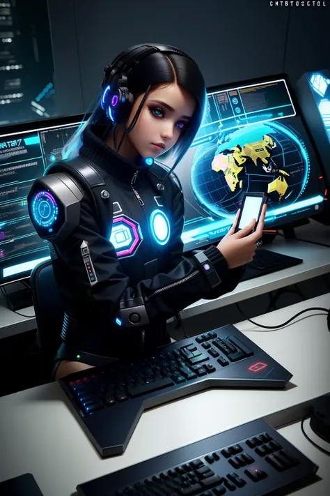 mulher na jaqueta de couro preta sentada na mesa com computador e teclado, Cyber Escola Menina, estilo cyber universe, menina em mecha cyber armor, cybernetic suit, menina bonita ciborgue, menina cyberpunk sonhadora, menina de anime cyberpunk feminino, cyb...