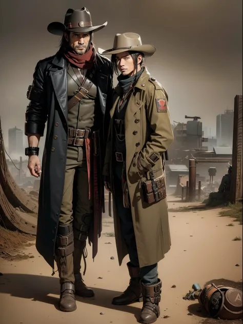 there is a man in a hat and trench coat holding , in a post apocalyptic setting, japanese cyberpunk wild west, post - apocalyptic cowboy, post apocalyptic explorer, post apocalyptic japanese western style, cyberpunk style outfit, post apocalyptic, cinemati...