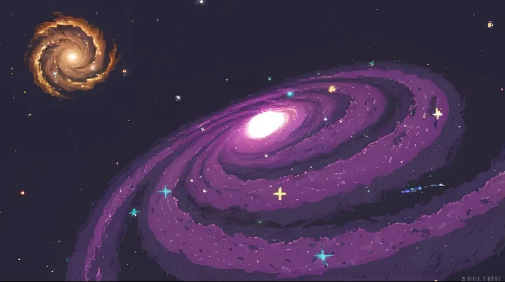 A closeup of a purple spiral galaxy with a bright star in the background, subterranean sprawling galaxy, vasto cosmos, subterranean sprawling galaxy, bela arte detalhada do pixel, near a galaxy, galaxy orbit system, pixel art detalhado, arte detalhada do p...