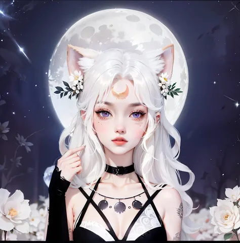 (Anthropomorphic wolf cute cub) orelhas de lobo,com jaqueta preta, olhos rosa e branco , heterocromia nos olhos ,cabelo platinado cacheados com pontas roxas,bad girl, Moon birthmark on forehead 🌕🌙 ,🌙 , Hibrido,jovem, retrato, busto, postura de frente para ...