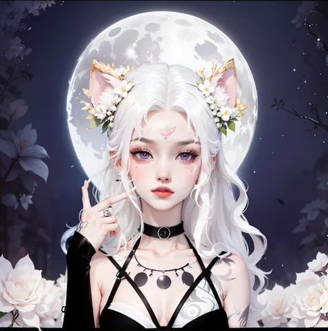 (Anthropomorphic wolf cute cub) orelhas de lobo,com jaqueta preta, olhos rosa e branco , heterocromia nos olhos ,cabelo platinado cacheados com pontas roxas,bad girl, Moon birthmark on forehead 🌕🌙 ,🌙 , Hibrido,jovem, retrato, busto, postura de frente para ...