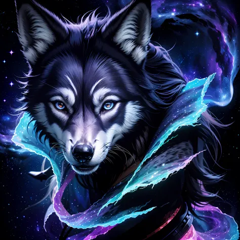 Image of wolf head with galactic background, Hologram of a wolf,Space art, Wolf from the Void, cosmic cataclysm, on a galaxy looking background, cosmic void background， in a nebula, generative art nebula, Starcloud