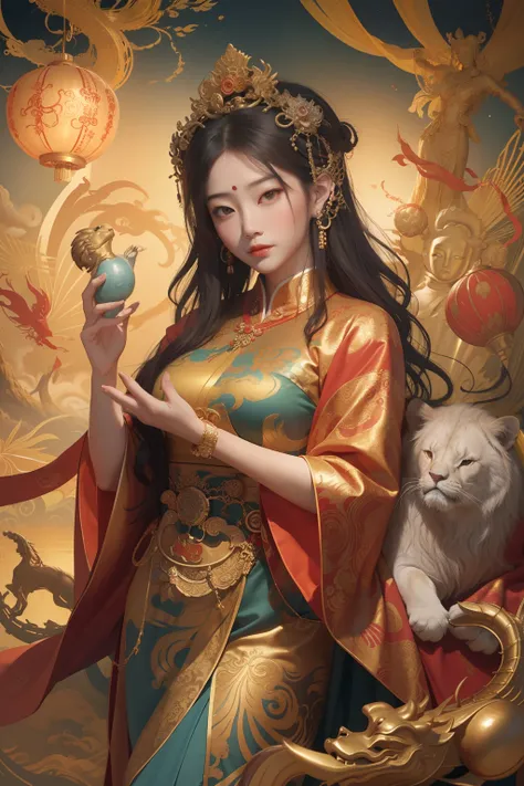 an ancient Chinese goddess, guanyin of the southern seas, Guanyin, Inspired by China, Avalokiteshvara rides a lion，,Serene expression,shui mo hua,Buddha,Buddhist,Lotus,Chinese painting style,Thangka style