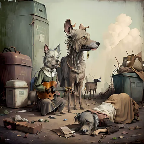 ((((higly detailed))))surrealism,An old dog in rags from the garbage dump plays the violin,A drunkard lies at her feet .