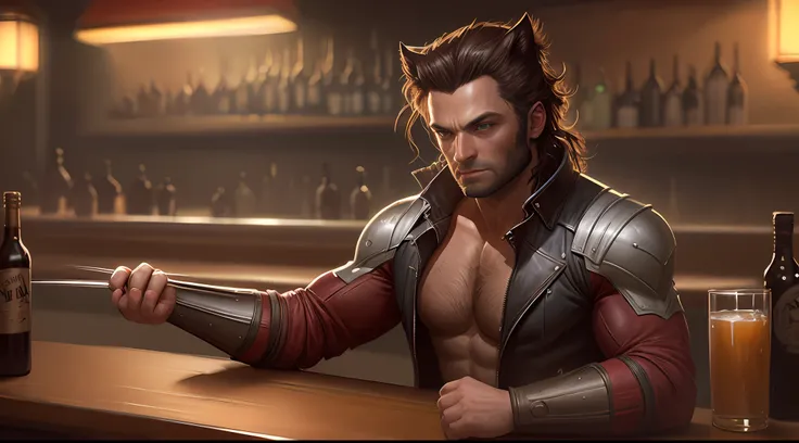 Wolverine at the bar, fantasy art, wlop, digital painting, hyperrealism, trending on artstation, cgsociety, pixiv polycount art