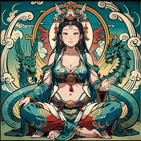 an ancient Chinese goddess, guanyin of the southern seas, Guanyin, Inspired by India, Avalokiteshvara rides a dragon，,Serene expression,shui mo hua,Buddha,Buddhist,Lotus,Chinese painting style,Thangka style