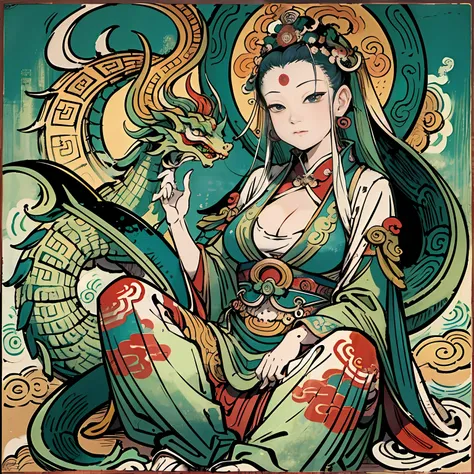 an ancient Chinese goddess, guanyin of the southern seas, Guanyin, Inspired by India, Avalokiteshvara rides a dragon，,Serene expression,shui mo hua,Buddha,Buddhist,Lotus,Chinese painting style,Thangka style