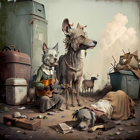 ((((higly detailed))))surrealism,An old dog in rags from the garbage dump plays the violin,A drunkard lies at her feet .