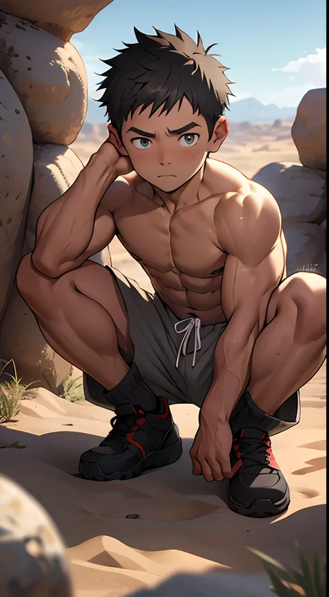 (masutepiece, Best Quality),1boy,(younge boy,child-faced,Boys face),a baby face,infancy,sideface,Naked sitting in the desert,infancy,young age,short round face,Flat chin,finely detaild face,Gray shorts,well-muscled，short-hair,radiant eyes,opens his eyes wi...