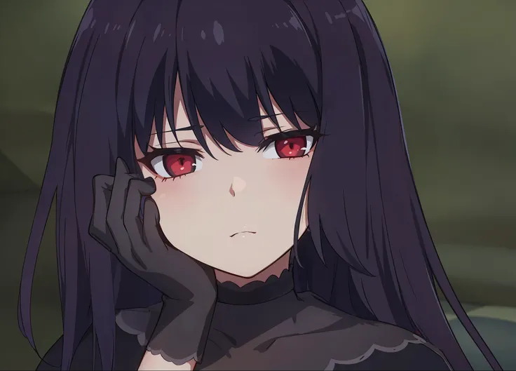 A  girl.  dark colored hair. red-eyes. Dark outfit.