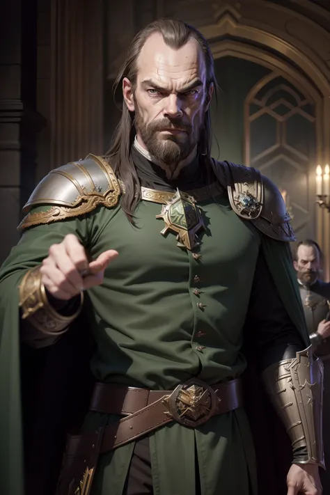 Hugo Weaving as high lord from the Warhammer universe, photorealistic, hd( lord: no beard, short black hair, dark green renaissance uniform, silver-green cape, wide belt ), renaissance gun pointing viewer,realistic fantasy, strong sense of three-dimensiona...