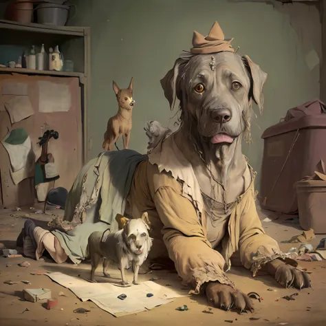 ((((higly detailed))))(((surrealism,)))An old dog in rags from the garbage dump plays the violin,A drunkard lies at her feet ((((.Very high detail)))