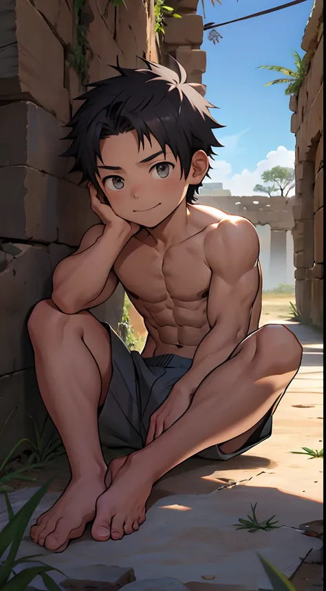 (masutepiece, Best Quality),1boy,(younge boy,child-faced,Boys face),a baby face,infancy,sideface,Naked sitting in the desert,infancy,young age,short round face,Flat chin,finely detaild face,Gray shorts,well-muscled，short-hair,radiant eyes,opens his eyes wi...