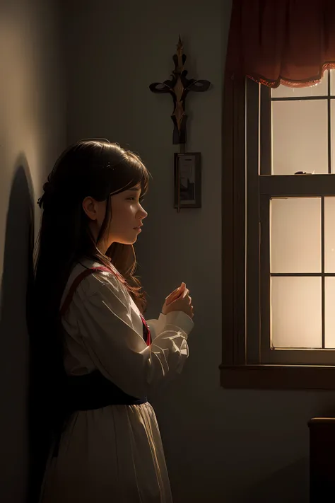 Theres a young woman in front of a window, Cinematic backlighting, ainda de um filme live action, cinematic contrasted lighting, Tirado com Canon 5D MK4, Backlit Cinematographic Lighting, dark moody backlighting, luz suave do lado, dramatic low-key lightin...