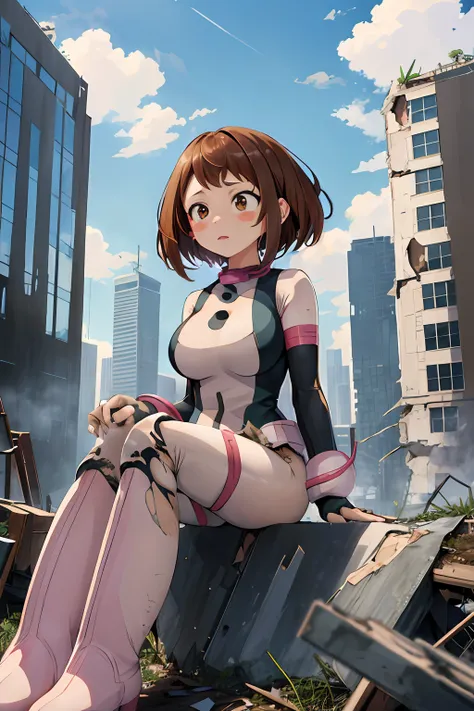 masterpiece, best quality, highres, hmochako, blush stickers, short hair, medium breasts, superhero, bodysuit, boots, ruins, building, (torn clothes:1.2), sitting